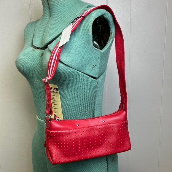 Lamarthe Paris Small Red Leather Shoulder Bag Vertical Stripes Sporty - Picture 3 of 12